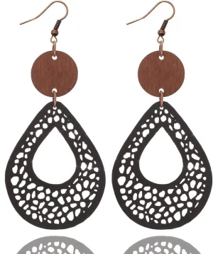 Fall Vintage Boho Earrings for Women Waterdrop Shaped Earrings Lightweight Hollow Leather Wood Earrings Ethnic Dangle Drop Waterdrop Earring Holiday Earrings Jewelry-Black