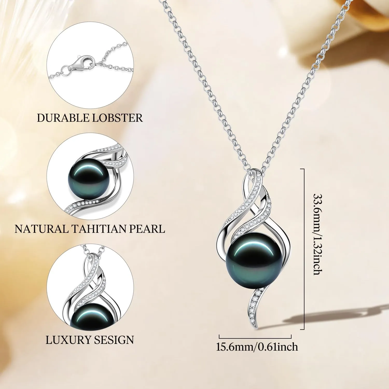 FANCIME Gift for Women Wife Natural Tahitian Pearl Necklace Sterling Silver Mysterious Ocean Treasure 10-12MM Black Pearl Luxury Jewelry Gift for Women, Mother, Wife, 16" 2" Adjustable