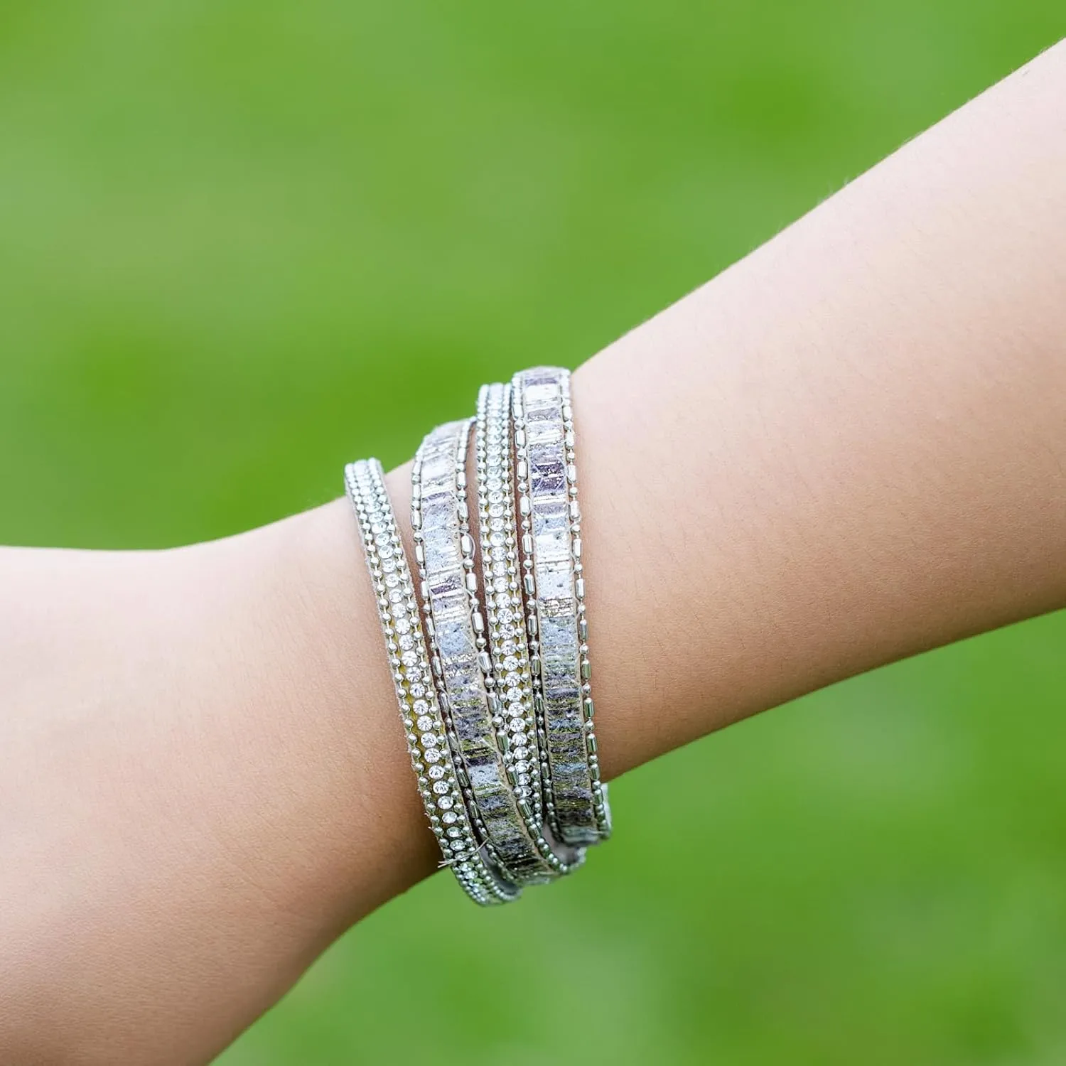 FANCY SHINY Boho Leather Wrap Bracelet Stackable Crystal Rhinestone Bangle Cuff with Magnetic Clasp Trendy Bohemian Jewelry for Women
