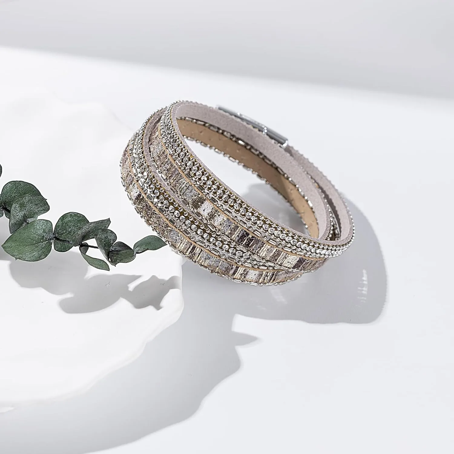 FANCY SHINY Boho Leather Wrap Bracelet Stackable Crystal Rhinestone Bangle Cuff with Magnetic Clasp Trendy Bohemian Jewelry for Women