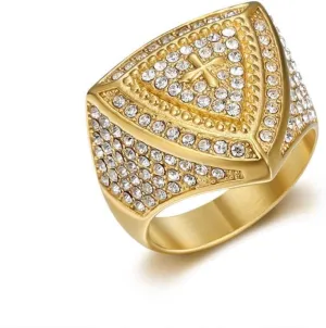 Fanshu Stainless Steel Titanium Iced Out Bling Armor Shield Templar Christian Holy Cross Hip Hop Biker Rings for Men Women Couple Friends Gift AAA Zircon Gold Plated Fashion Jewelry