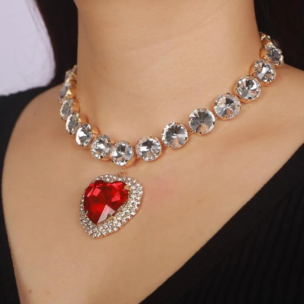 Fashion Prom Shinny Full Rhinestones Love Choker Necklace Earrings Set Dainty Layered Sexy Body Chain Pink Choker Necklace Dainty Gold Silver Halloween Christmas Crystals Necklace for Women