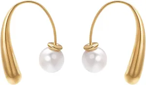 Faux Pearl and Teardrop Hoop Earrings For Women Simple 18k Gold Plated Pull Through Earrings Elegant Jewelry
