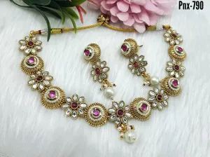 FE 283 Indian Jewelry New Bollywood Style Beautiful party wear necklace with gold with AD kundan & IMITATION PEARLS women Necklace with Earrings Fashion Set