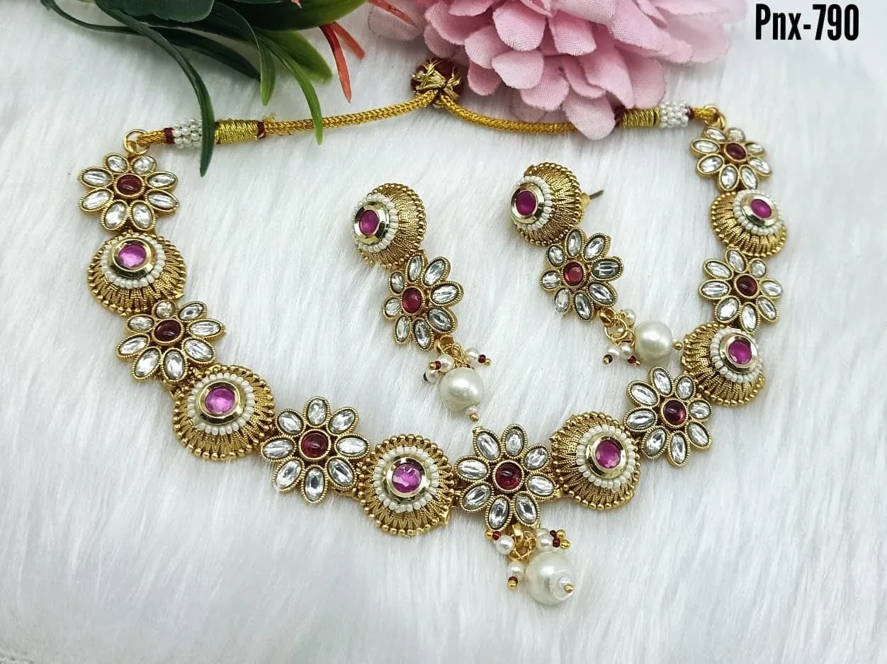 FE 283 Indian Jewelry New Bollywood Style Beautiful party wear necklace with gold with AD kundan & IMITATION PEARLS women Necklace with Earrings Fashion Set