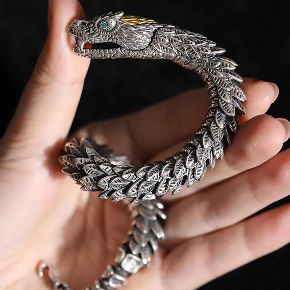 Feng Shui Dragon Bracelet, Vintage S925 Sterling Silver 18k Gold Handmade Dragon Bracelet, Good Luck Wealth Protection Amulet, Retro Style Meditation Dragon Link Chain Bracelets
