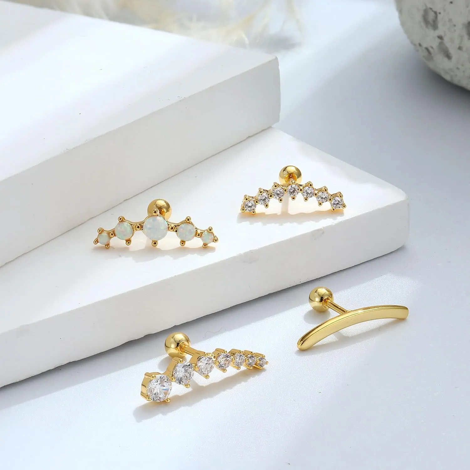 FIBO STEEL 4 Pcs 16G Cartilage Stud Earrings for Women Opal CZ Bar Helix Conch Daith Piercing Jewelry Set
