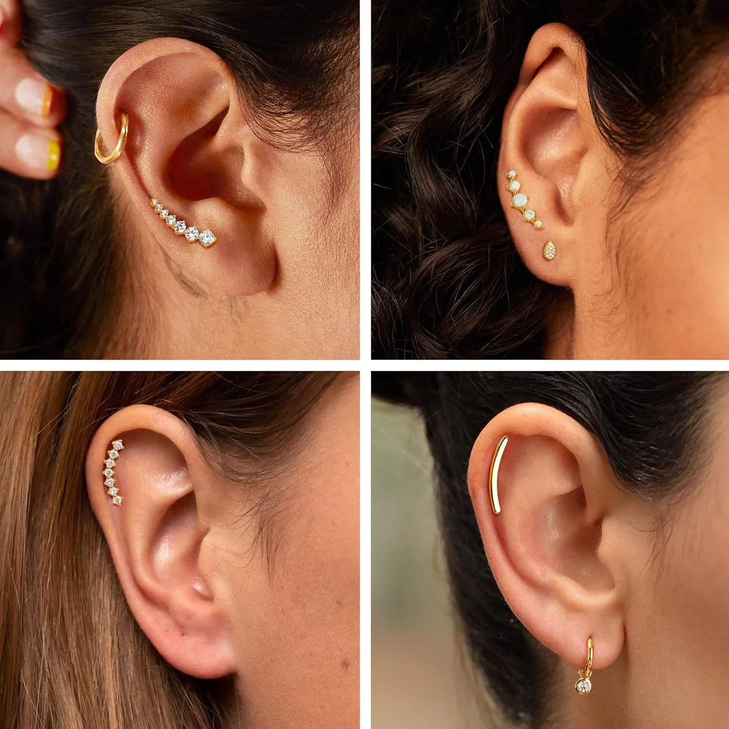 FIBO STEEL 4 Pcs 16G Cartilage Stud Earrings for Women Opal CZ Bar Helix Conch Daith Piercing Jewelry Set