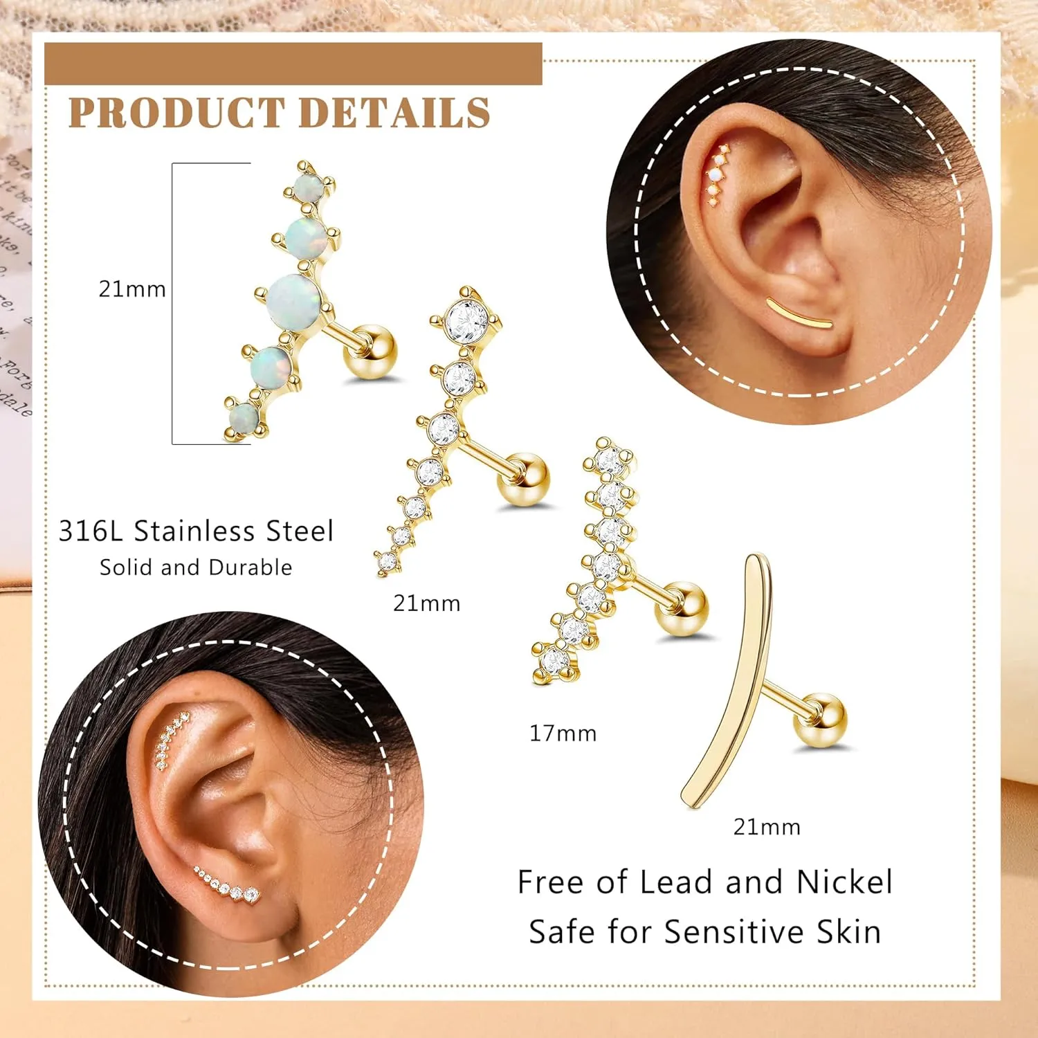 FIBO STEEL 4 Pcs 16G Cartilage Stud Earrings for Women Opal CZ Bar Helix Conch Daith Piercing Jewelry Set