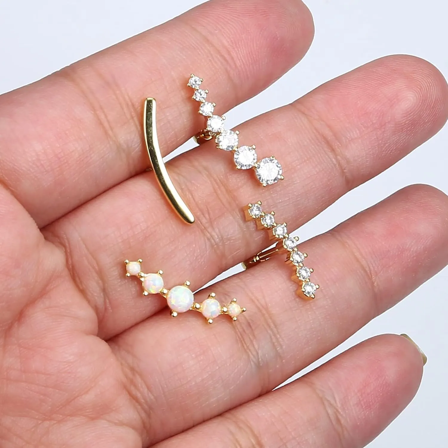 FIBO STEEL 4 Pcs 16G Cartilage Stud Earrings for Women Opal CZ Bar Helix Conch Daith Piercing Jewelry Set
