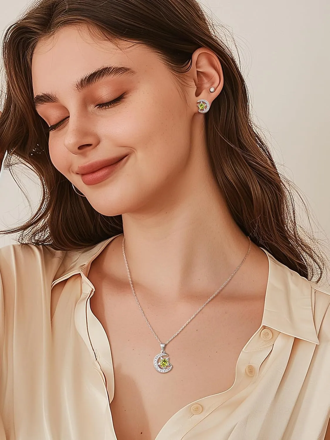 FindChic Sterling Silver Moon Necklace with 12 Birthstone Cubic Zirconia Star Diamond Necklace Jewelry Gift for Her, with Gift Box
