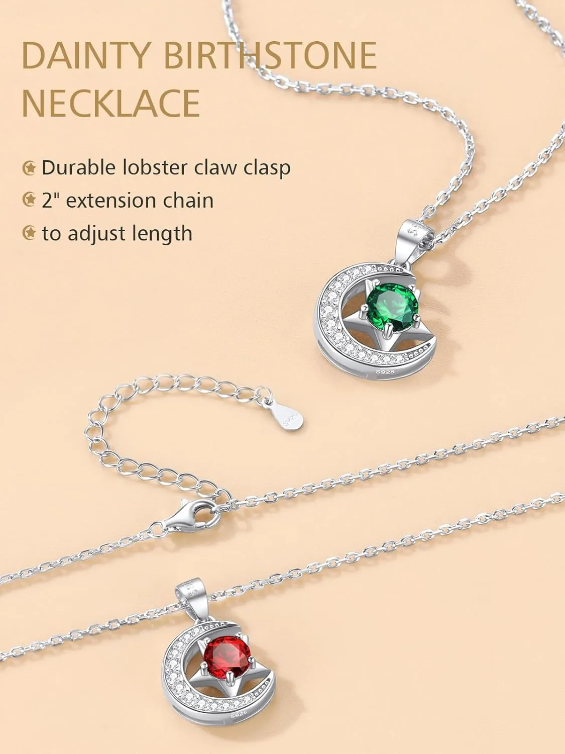FindChic Sterling Silver Moon Necklace with 12 Birthstone Cubic Zirconia Star Diamond Necklace Jewelry Gift for Her, with Gift Box
