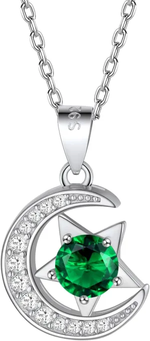 FindChic Sterling Silver Moon Necklace with 12 Birthstone Cubic Zirconia Star Diamond Necklace Jewelry Gift for Her, with Gift Box