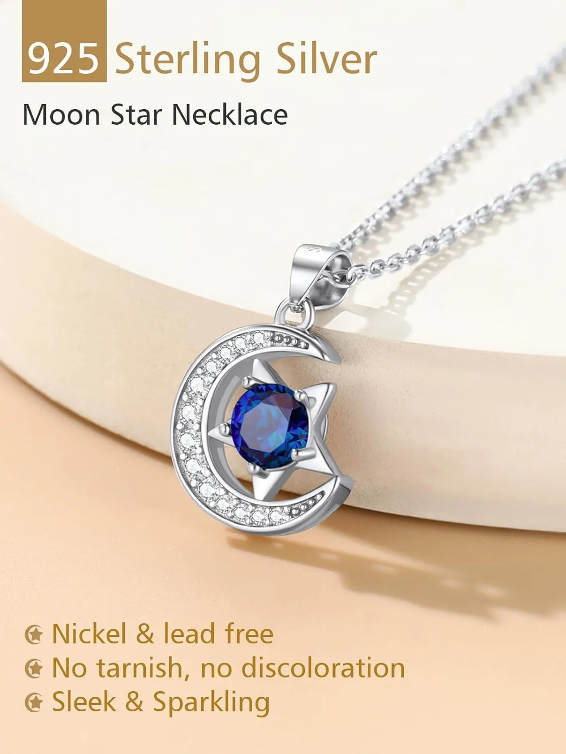 FindChic Sterling Silver Moon Necklace with 12 Birthstone Cubic Zirconia Star Diamond Necklace Jewelry Gift for Her, with Gift Box