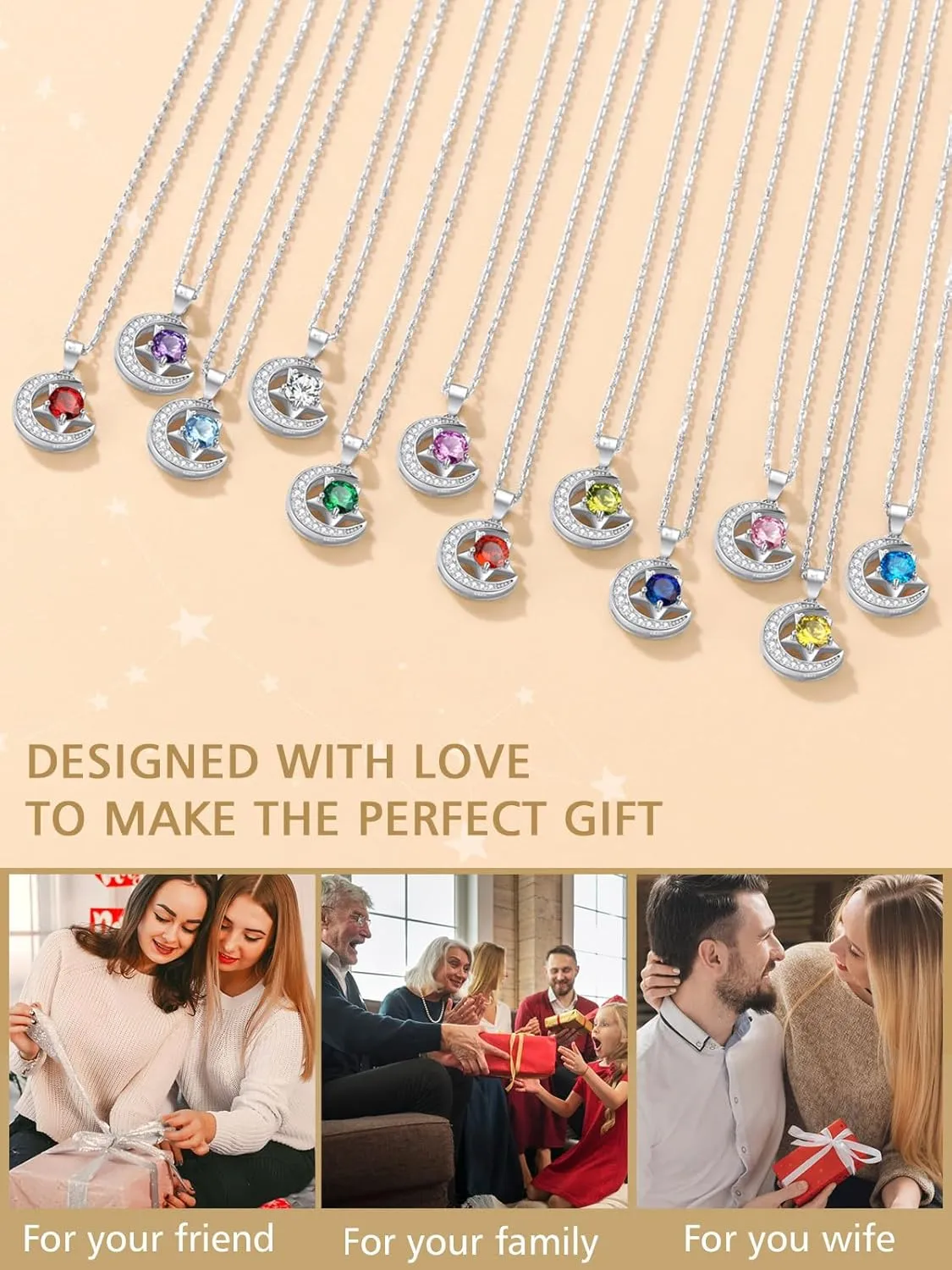 FindChic Sterling Silver Moon Necklace with 12 Birthstone Cubic Zirconia Star Diamond Necklace Jewelry Gift for Her, with Gift Box