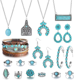 FINREZIO Turquoise Jewelry for Women Western Turquoise Necklace Dangle Earrings Boho Bracelet and Knuckle Rings Bohemian Western Jewelry Set for Women