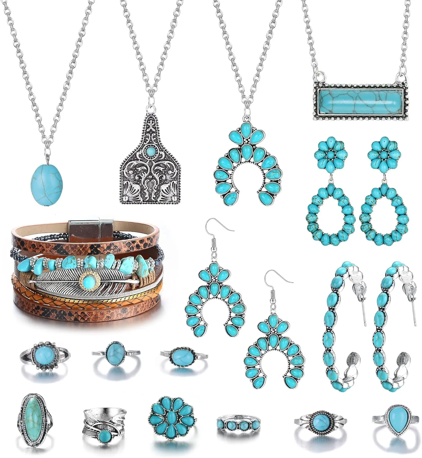 FINREZIO Turquoise Jewelry for Women Western Turquoise Necklace Dangle Earrings Boho Bracelet and Knuckle Rings Bohemian Western Jewelry Set for Women