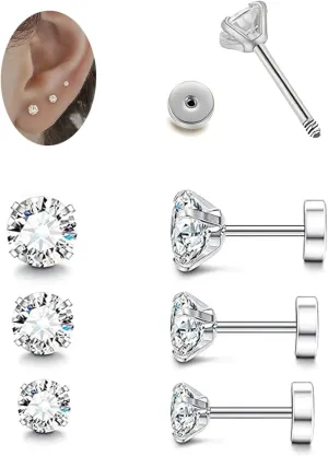 Flat Back Stud Earrings for Women Men:Gold Hypoallergenic Surgical Steel Earrings Studs Screw Back Cubic Zirconia Earrings for Helix Cartilage Conch Tragus Earlobe Piercing Jewelry,3 Pair 2-4mm Stud