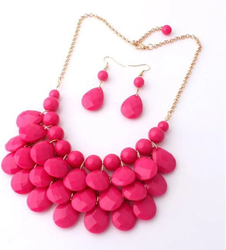Floating Bubble Necklace Layered Teardrop Statement necklace Resin Beaded Collar Necklace Earrings Jewelry Set for Women