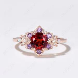 Floral Red Garnet Engagement Ring Moon Halo Amethyst Ring Floral Red Garnet Engagement Ring Moon Halo Amethyst Ring