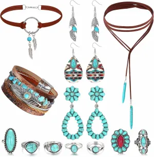 Florideco Western Bohemian Jewelry Set for Women - Turquoise Faux Leather Cuff Bracelet, Pendant Choker Necklace, Hoop Dangle Earrings, and Joint Knuckle Rings