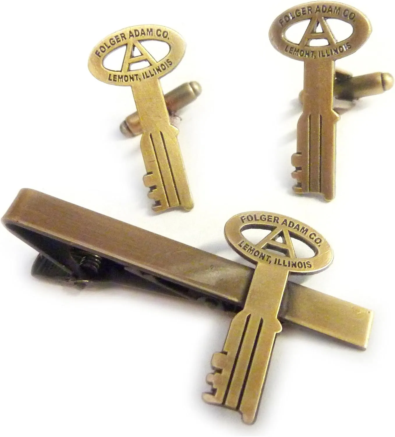 Folger Adam Co Jail Cell Prison Replica Key TIE BAR CLIP CUFFLINKS SET