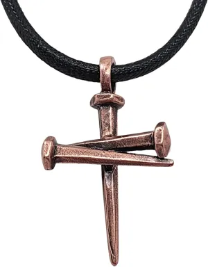 FORGIVEN JEWELRY 3 Nail Antique Copper Metal Finish Cross Pendant Black Cord Necklace