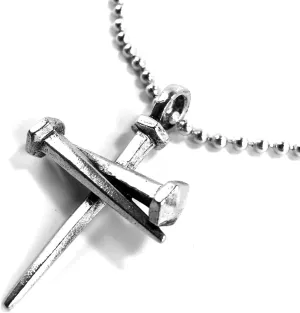 FORGIVEN JEWELRY 3 Nail Cross Antique Silver Finish Pendant Aluminum Ball Chain Necklace