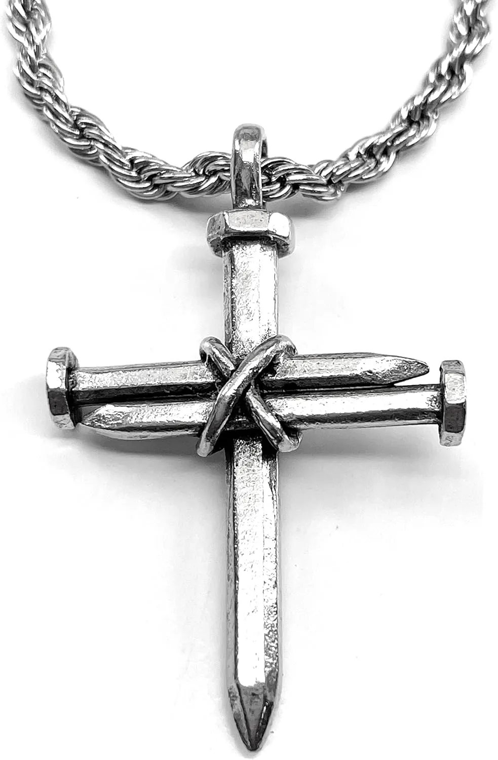FORGIVEN JEWELRY 3 Nails Wire Wrapped Cross Antique Silver Metal Finish Pendant Stainless Steel Twisted Rope Chain Necklace