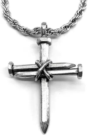 FORGIVEN JEWELRY 3 Nails Wire Wrapped Cross Antique Silver Metal Finish Pendant Stainless Steel Twisted Rope Chain Necklace