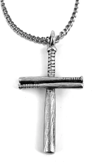 FORGIVEN JEWELRY Baseball Bat Cross On 24 Inch Chain Necklace In Antique SIlver Finish Pewter Softball