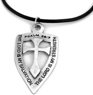 FORGIVEN JEWELRY Cross Shield Pewter Antique Silver Metal Finish Lord is My Strength and Salvation Necklace on Black Cord