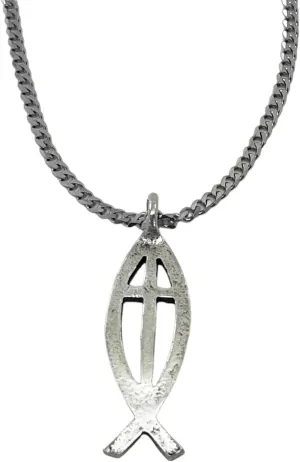FORGIVEN JEWELRY Jesus Fish Cross Pewter Antique Silver Metal Finish Large Ichthus Chain Necklace