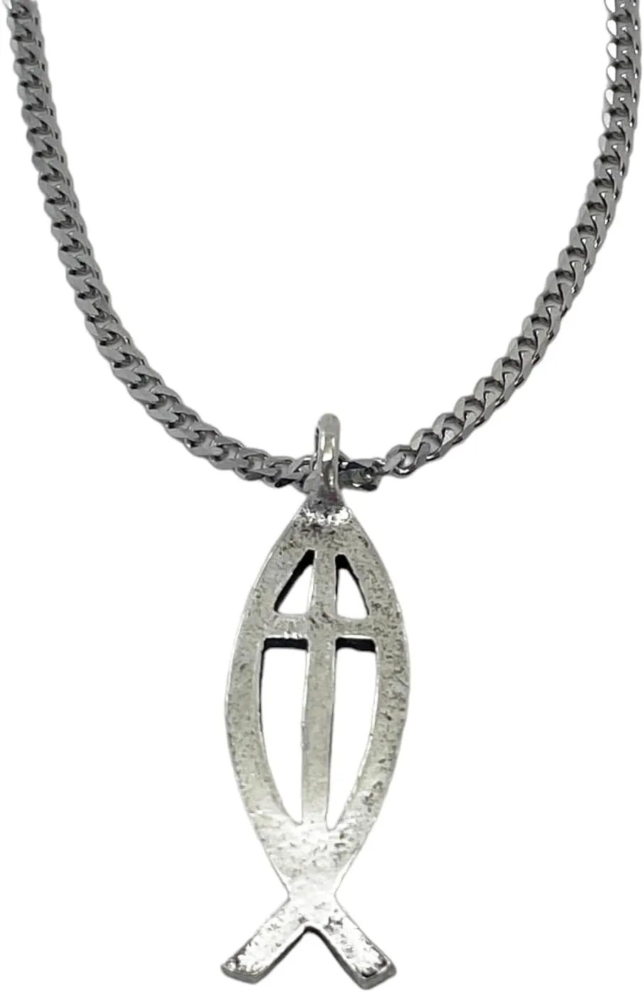 FORGIVEN JEWELRY Jesus Fish Cross Pewter Antique Silver Metal Finish Large Ichthus Chain Necklace