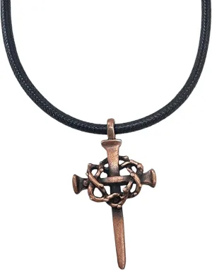 FORGIVEN JEWELRY Nail Cross Crown of Thorns Pewter Antique Copper Metal Finish Black Cord Necklace