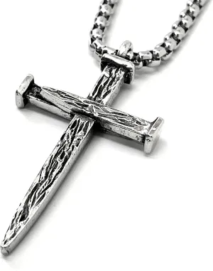 FORGIVEN JEWELRY Nail Cross Large For MenAntique Silver Finish Pendant Heavy Stainless Steel Chain Necklace