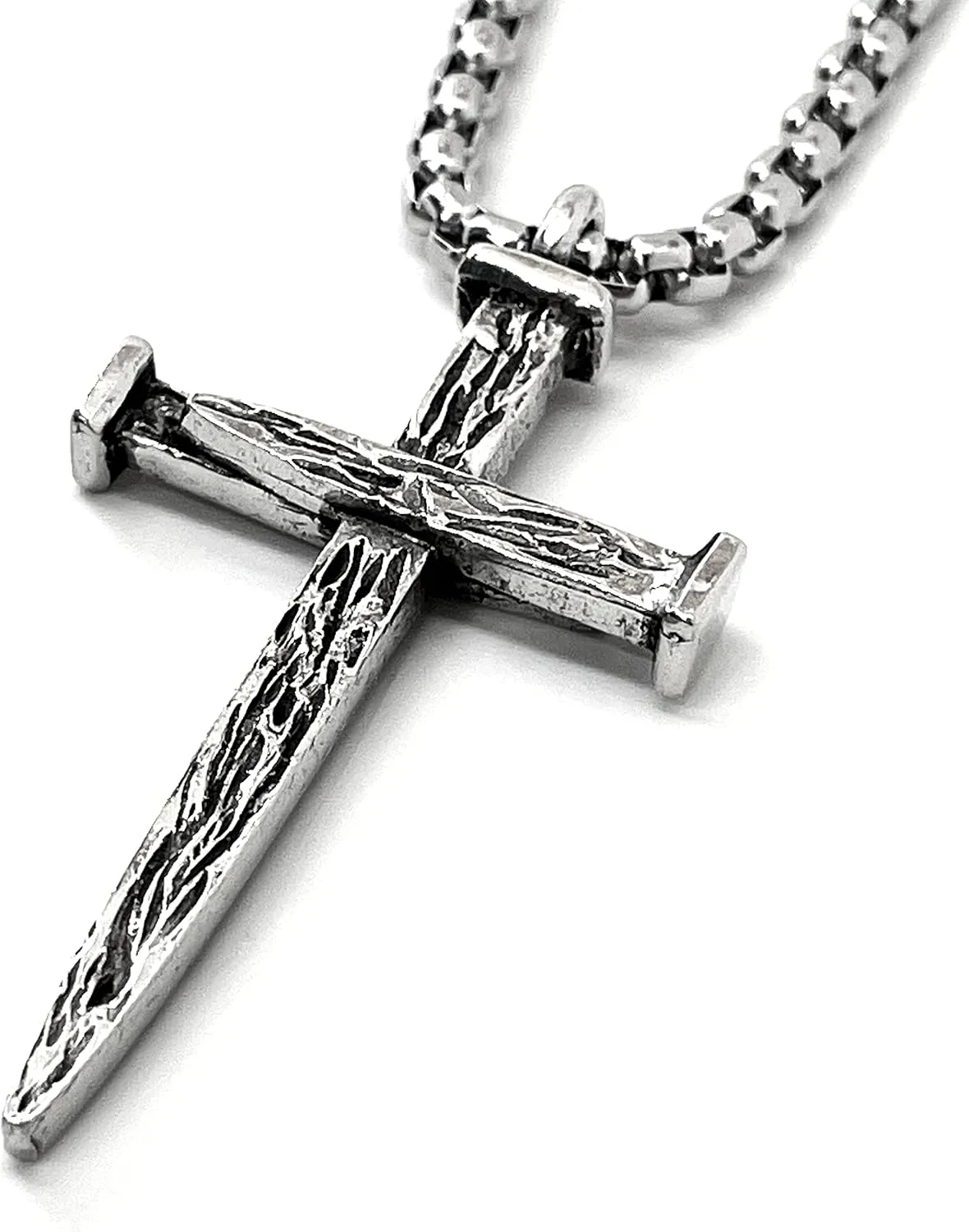 FORGIVEN JEWELRY Nail Cross Large For MenAntique Silver Finish Pendant Heavy Stainless Steel Chain Necklace