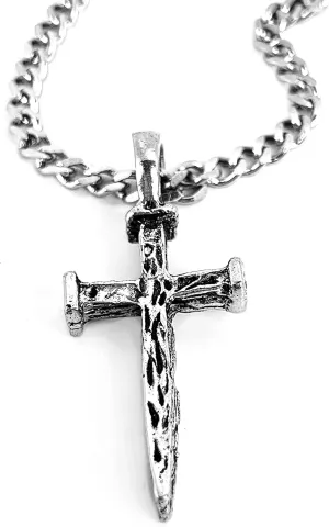 FORGIVEN JEWELRY Nail Cross Necklace Antique Silver Finish Stainless Steel Curb Chain