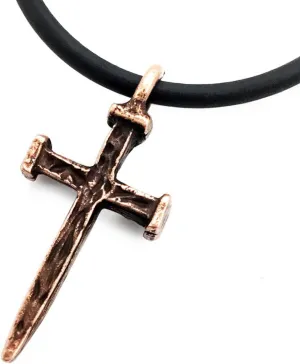 FORGIVEN JEWELRY Small Nail Copper Finish Cross Necklace Antique Pewter on Black Cord