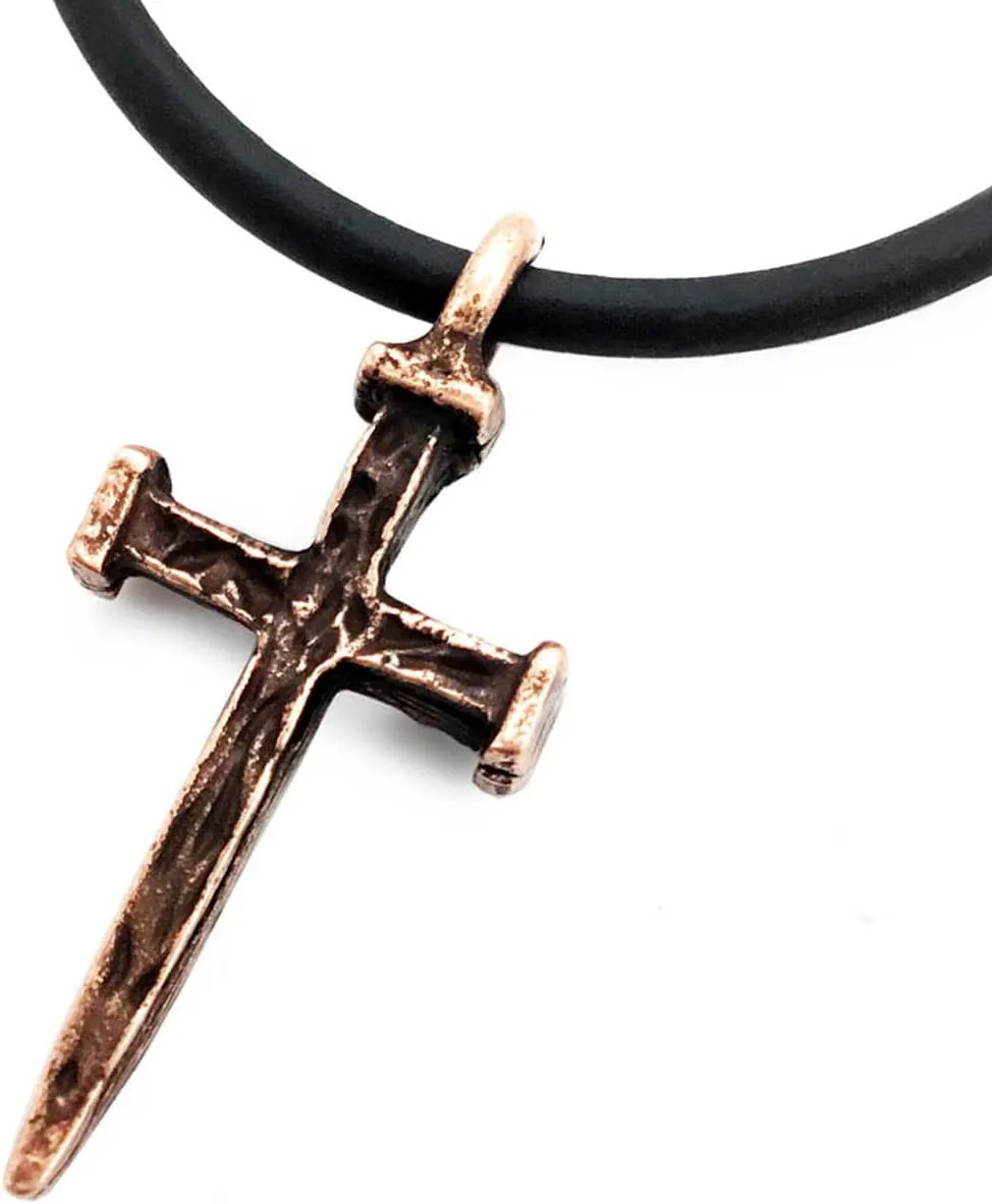 FORGIVEN JEWELRY Small Nail Copper Finish Cross Necklace Antique Pewter on Black Cord