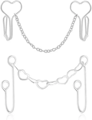 FORUBUS Heart Nose Clip with Chain, Non Piercing Fake Nose Ring for Women Men, Stainless Steel Non Pierced Clip on Nose Stud, Labret Earrings Body Jewelry
