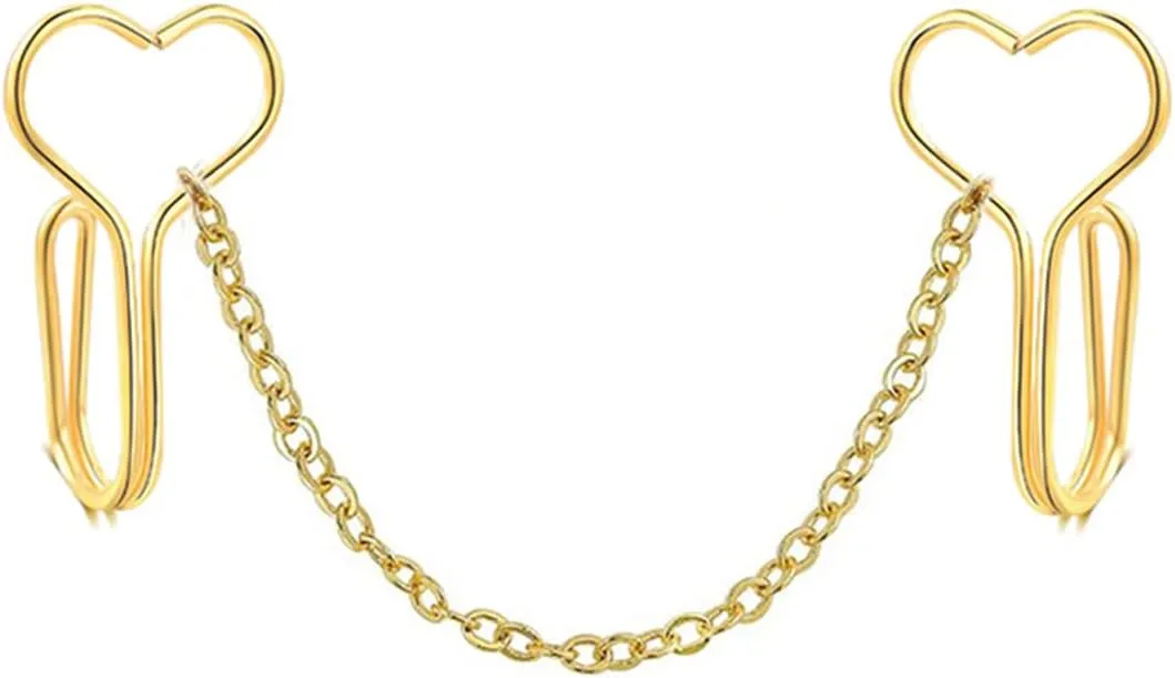 FORUBUS Heart Nose Clip with Chain, Non Piercing Fake Nose Ring for Women Men, Stainless Steel Non Pierced Clip on Nose Stud, Labret Earrings Body Jewelry