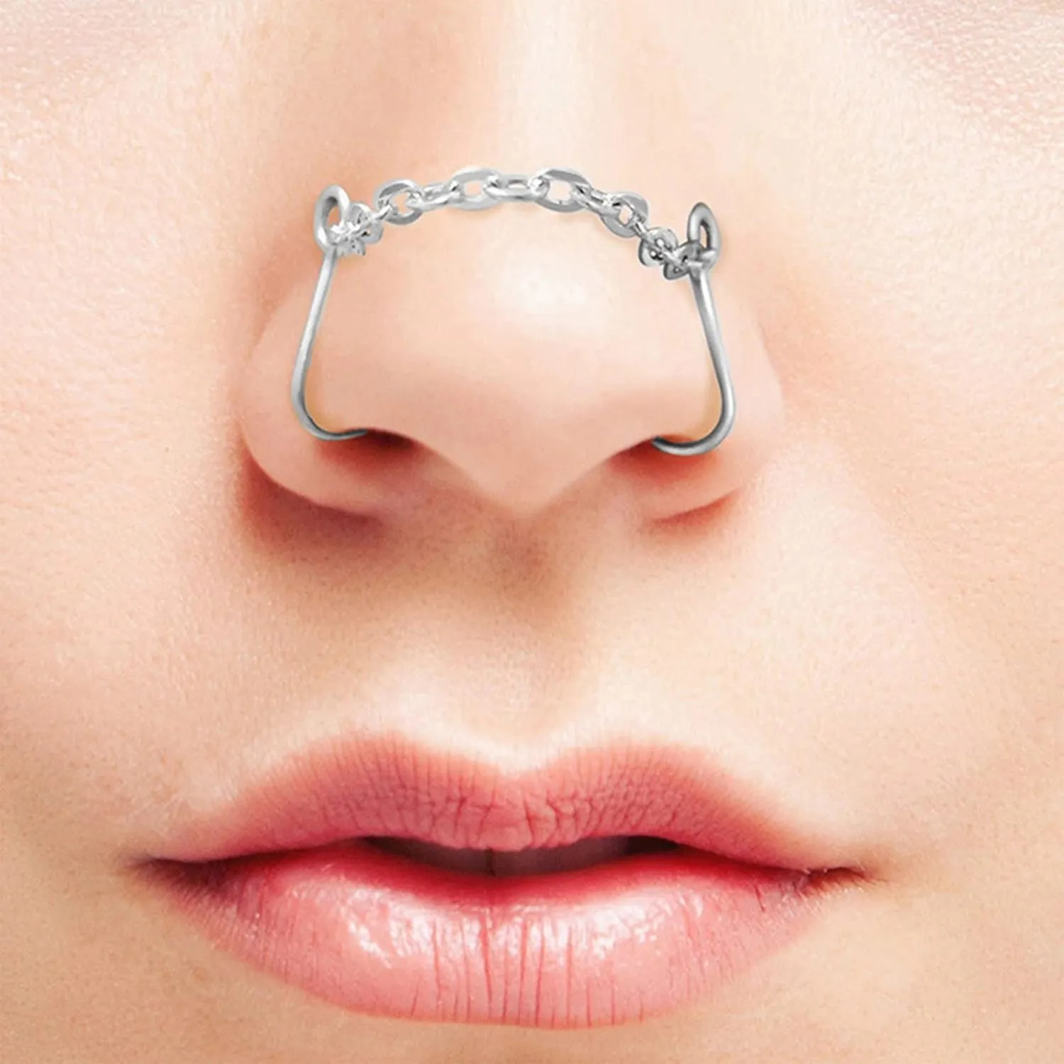 FORUBUS Heart Nose Clip with Chain, Non Piercing Fake Nose Ring for Women Men, Stainless Steel Non Pierced Clip on Nose Stud, Labret Earrings Body Jewelry