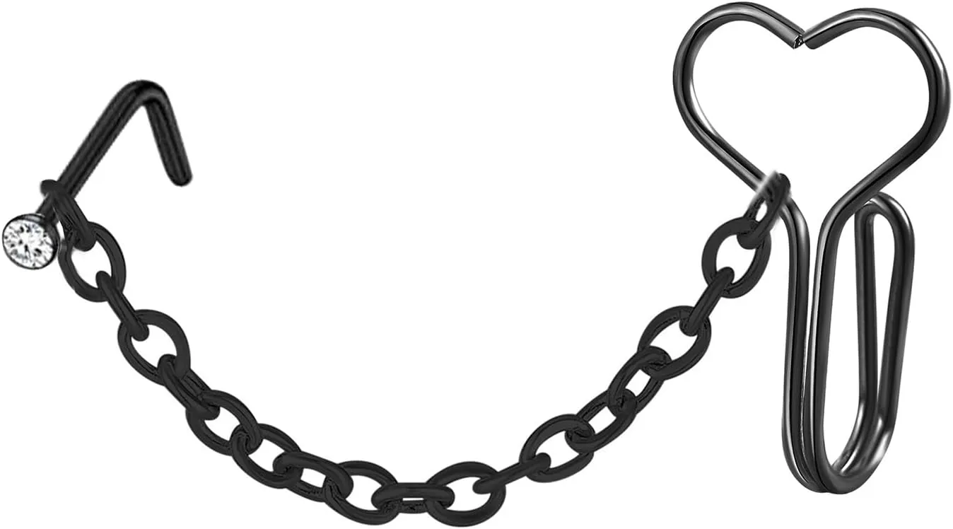 FORUBUS Heart Nose Clip with Chain, Non Piercing Fake Nose Ring for Women Men, Stainless Steel Non Pierced Clip on Nose Stud, Labret Earrings Body Jewelry