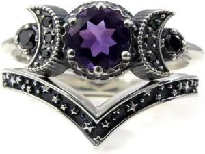 FORUBUS Triple Moon Star Goddess Rings Set, 2-in-1 Purple Red Crystal Crescent Pentagram Rings for Women Jewelry