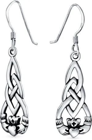 Friendship BFF Heart Circle Irish Love Symbol Celtic Claddagh Dangle Earrings For Women Girlfriend teens Oxidized .925 Sterling Silver Fish Hook