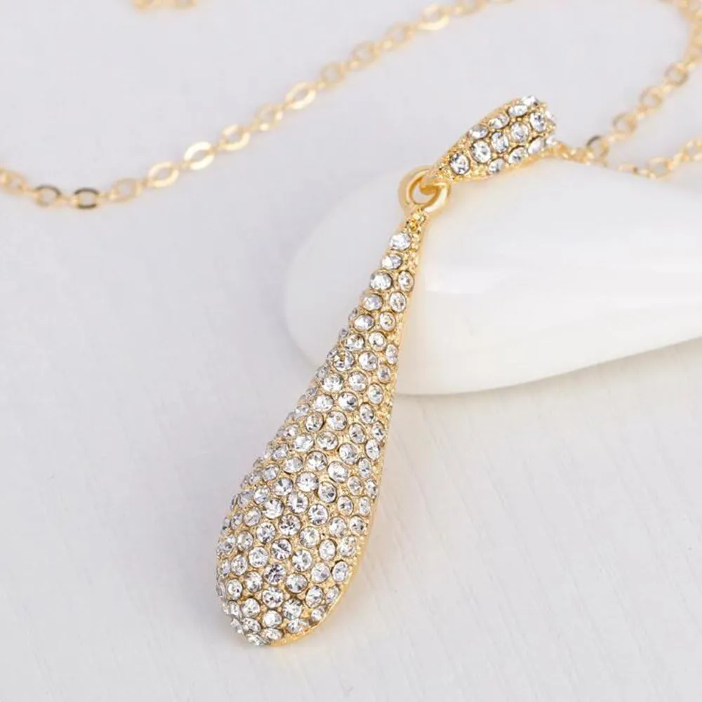 Full Crystal Rhinestone Gem Tear Drop Pendant Necklace Earrings Jewelry Sets