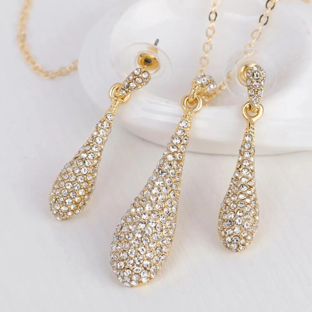 Full Crystal Rhinestone Gem Tear Drop Pendant Necklace Earrings Jewelry Sets