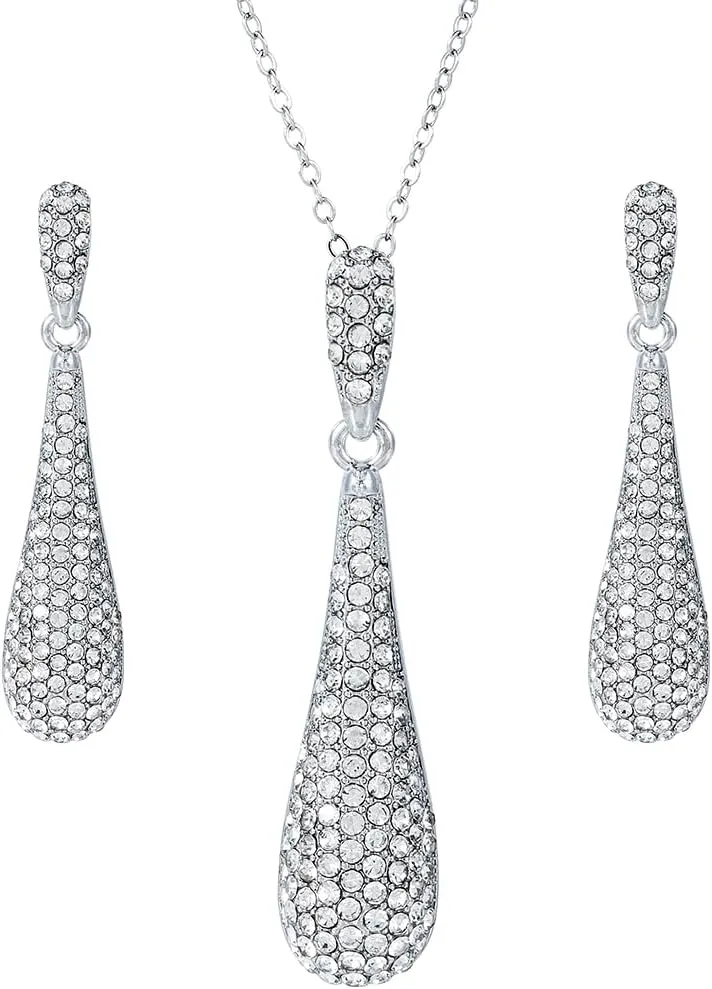 Full Crystal Rhinestone Gem Tear Drop Pendant Necklace Earrings Jewelry Sets