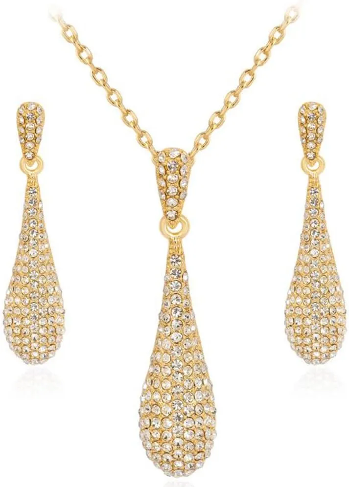 Full Crystal Rhinestone Gem Tear Drop Pendant Necklace Earrings Jewelry Sets